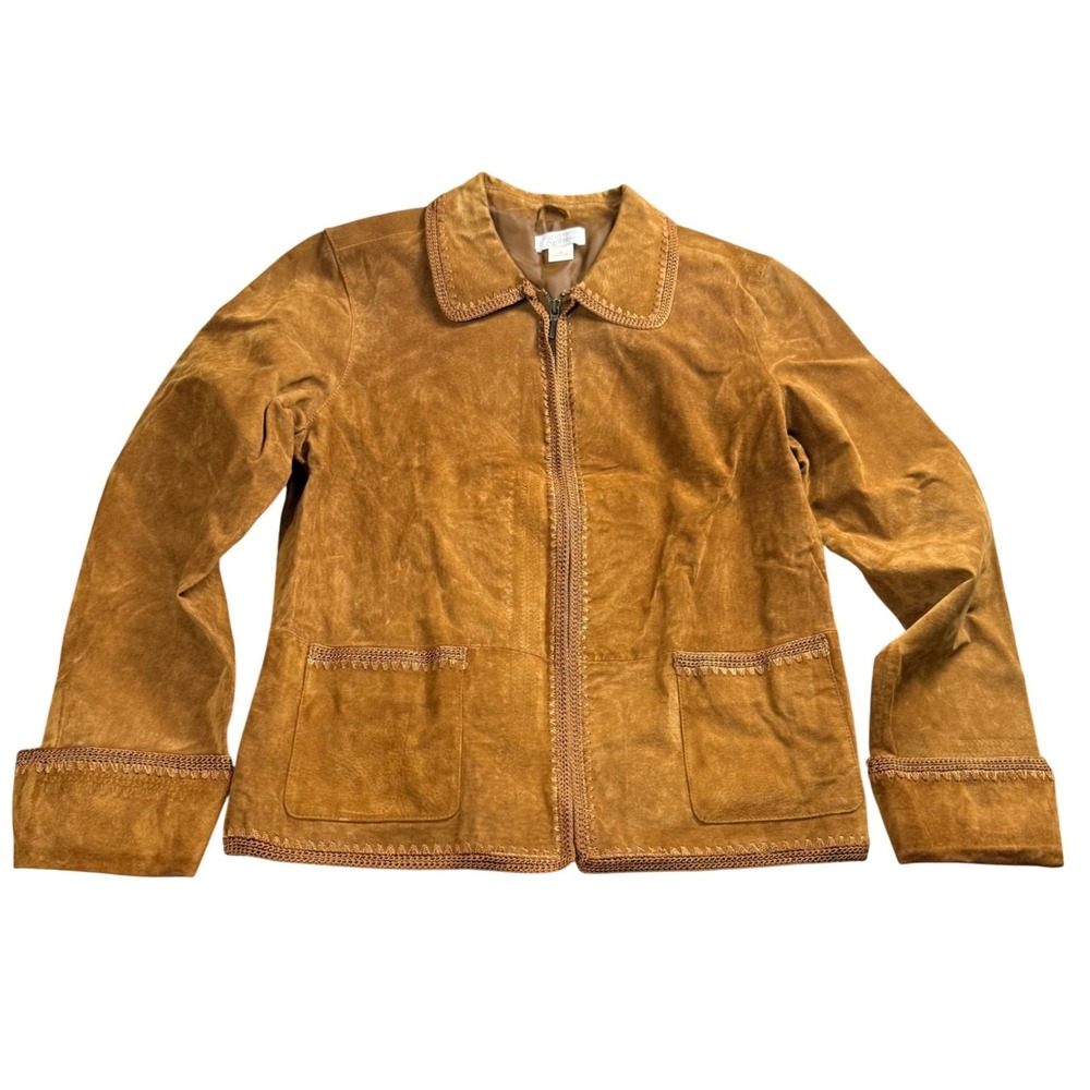 Christopher & Banks Suede Jacket Women Medium Brown Boho Embroidered Zip Up